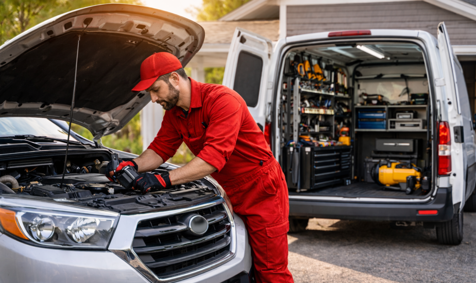 Mobile mechanic at work on SUV